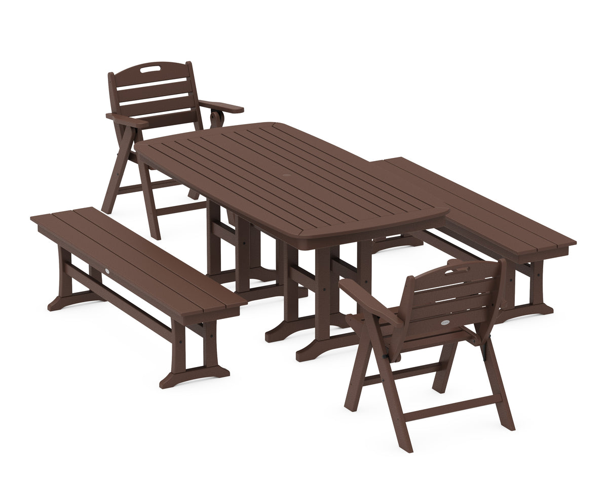 POLYWOOD Nautical Lowback 5-Piece Dining Set with Benches in Mahogany