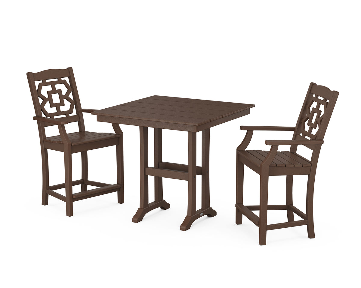 POLYWOOD Chinoiserie 3-Piece Farmhouse Counter Set with Trestle Legs in Mahogany