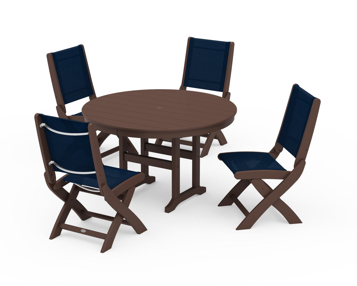 POLYWOOD Coastal Folding Side Chair 5-Piece Round Dining Set in Mahogany / Navy Blue