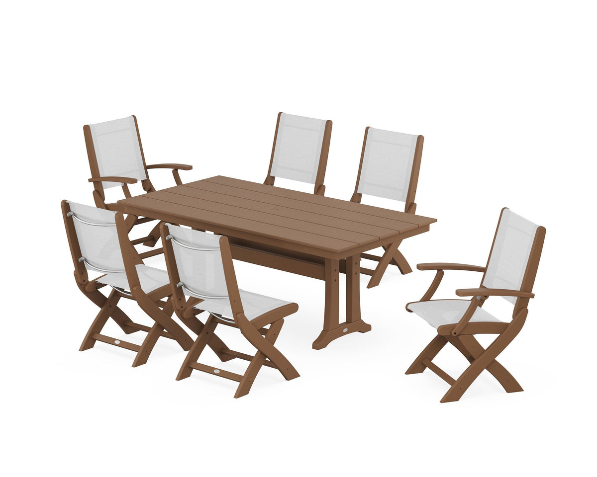 POLYWOOD Coastal Folding Chair 7-Piece Farmhouse Dining Set with Trestle Legs in Teak / White