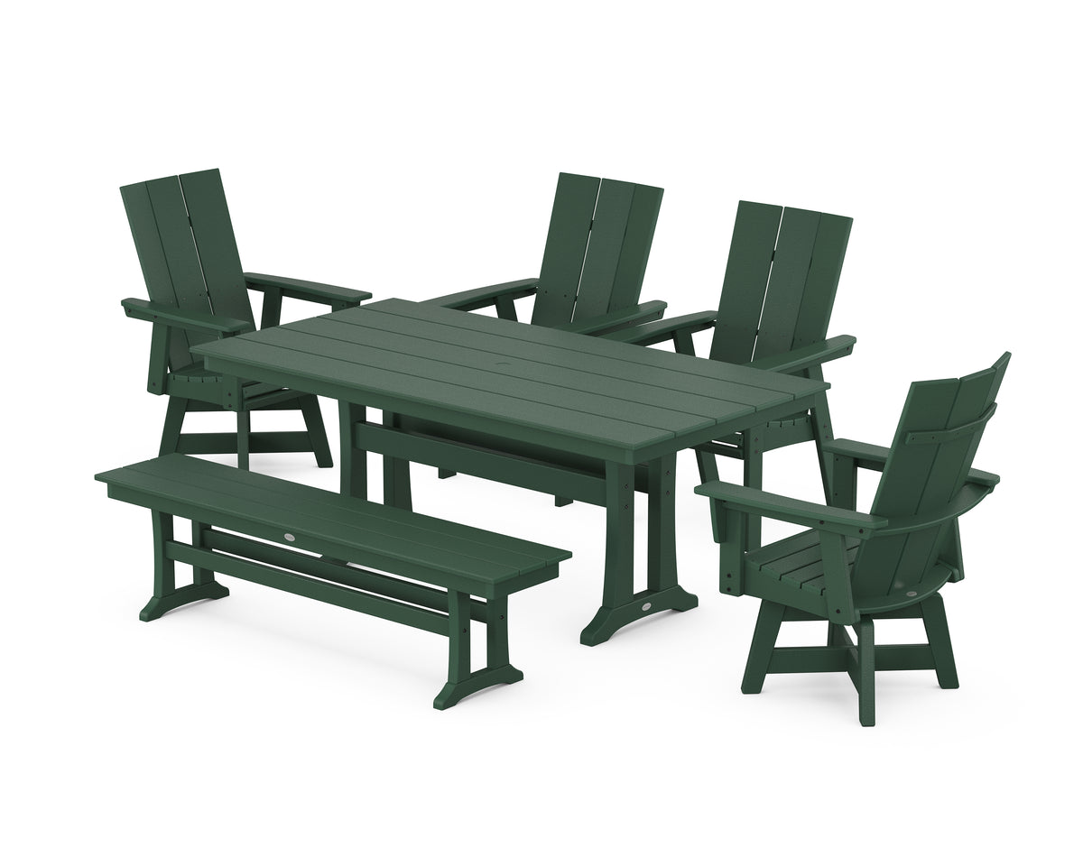 POLYWOOD Modern Curveback Adirondack Swivel Chair 6-Piece Farmhouse Dining Set with Trestle Legs and Bench in Green