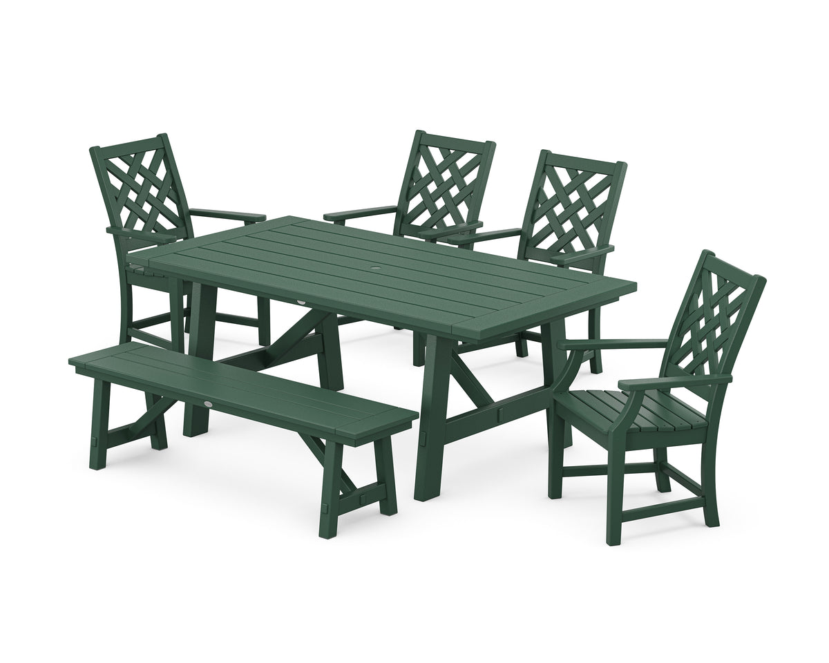 POLYWOOD Wovendale 6-Piece Rustic Farmhouse Dining Set with Bench in Green
