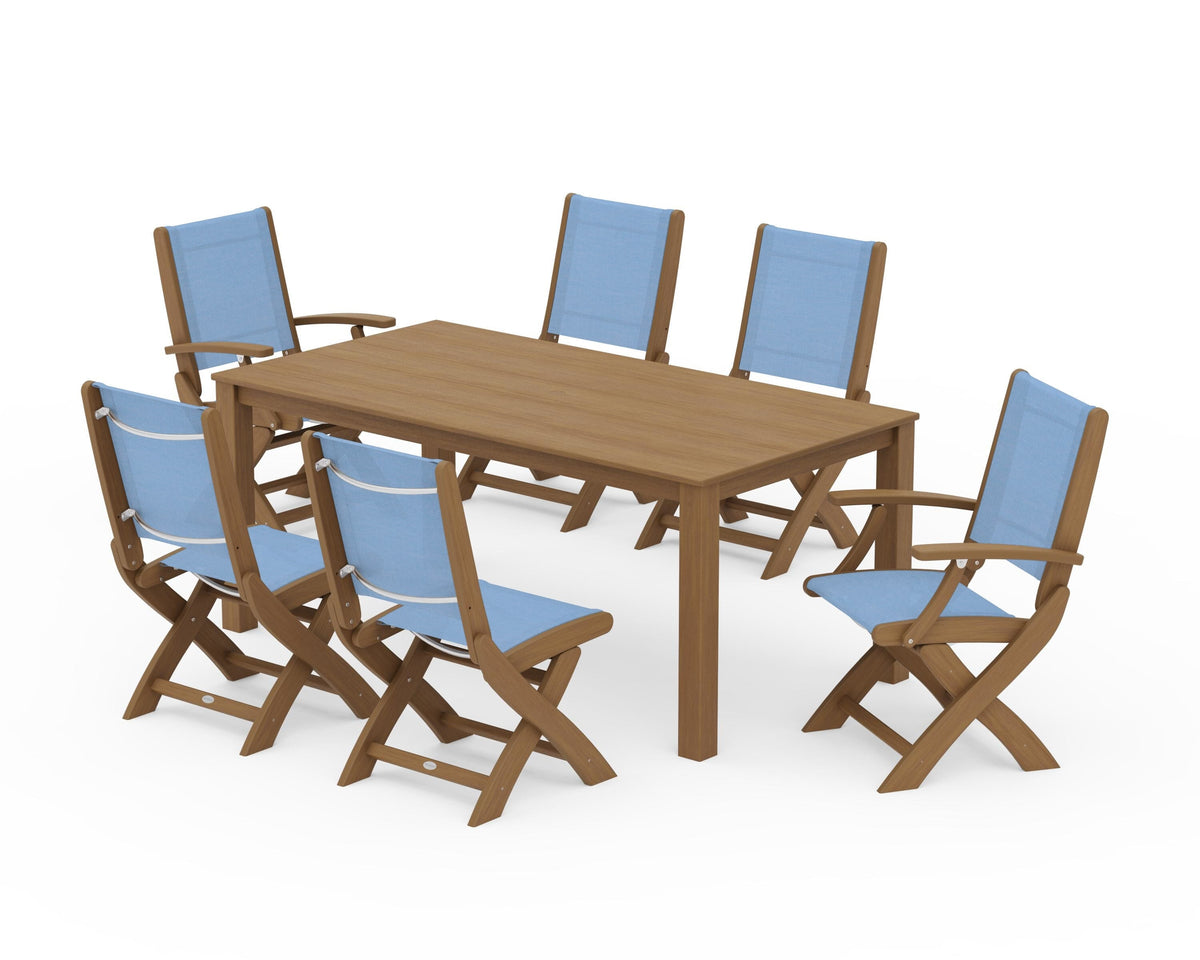 POLYWOOD Coastal Folding Chair 7-Piece Parsons Dining Set with Coastal Folding Side Chair in Natural / Poolside