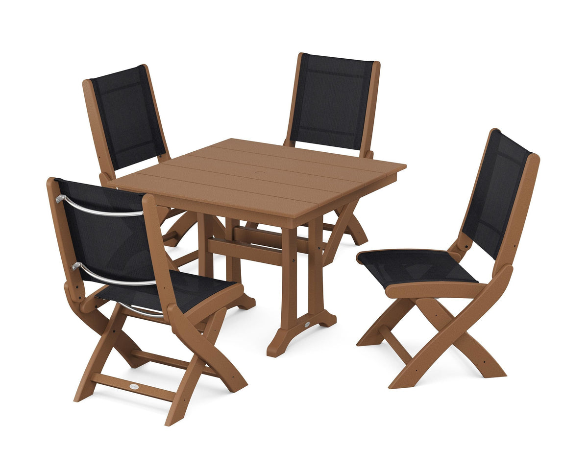 POLYWOOD Coastal Folding Side Chair 5-Piece Farmhouse Dining Set With Trestle Legs in Teak / Black