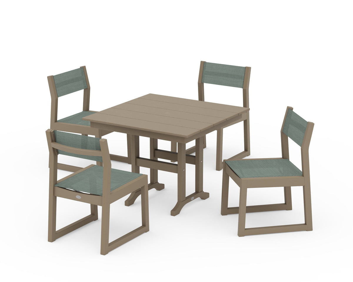 POLYWOOD EDGE Sling Side Chair 5-Piece Farmhouse Dining Set in Vintage Sahara / Dupioni Sea Mist