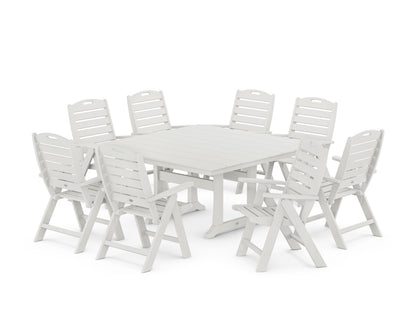 POLYWOOD Nautical Highback 9-Piece Square Farmhouse Dining Set with Trestle Legs in Vintage White
