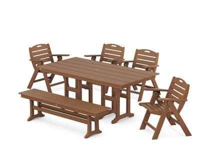 POLYWOOD Nautical Lowback 6-Piece Farmhouse Dining Set with Bench in Teak