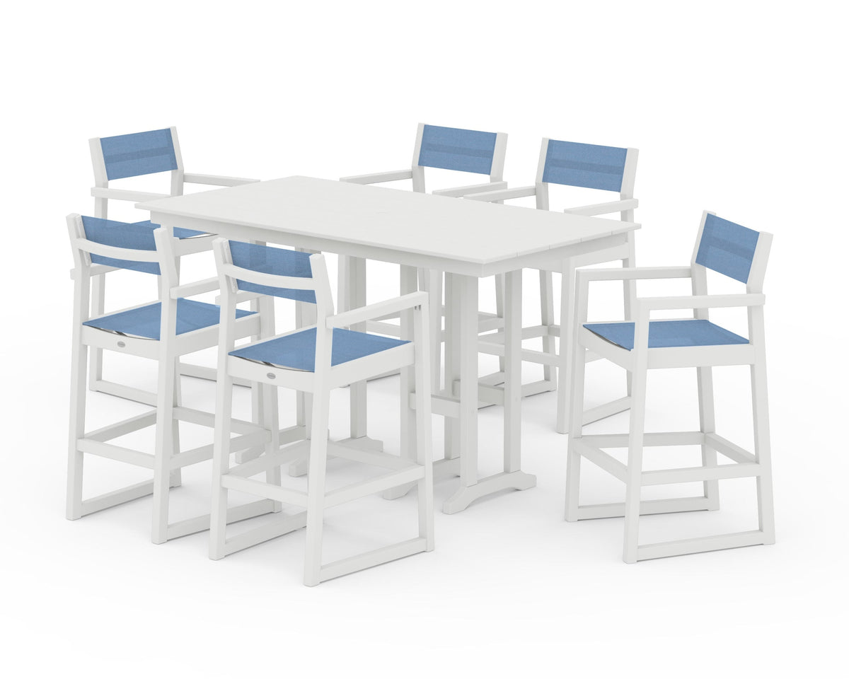POLYWOOD EDGE Sling Arm Chair 7-Piece Farmhouse Bar Set in Vintage White / Poolside