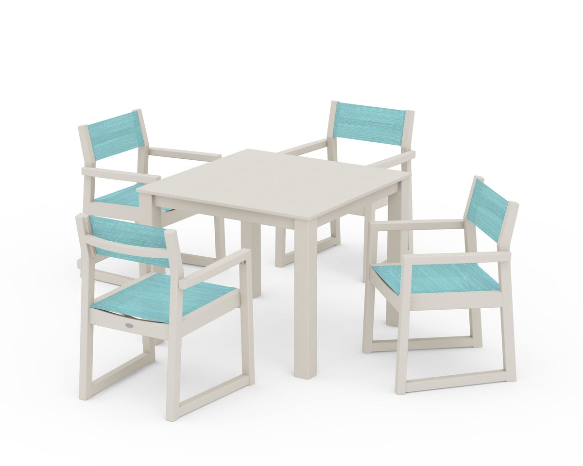 POLYWOOD EDGE Sling Arm Chair 5-Piece Parsons Dining Set in Sand / Dupioni Aquamarine