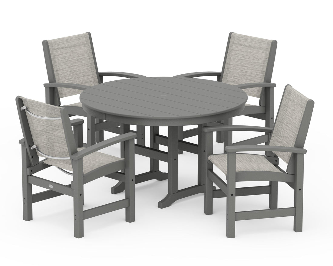 POLYWOOD Coastal 5-Piece Round Farmhouse Dining Set in Slate Grey / Birch