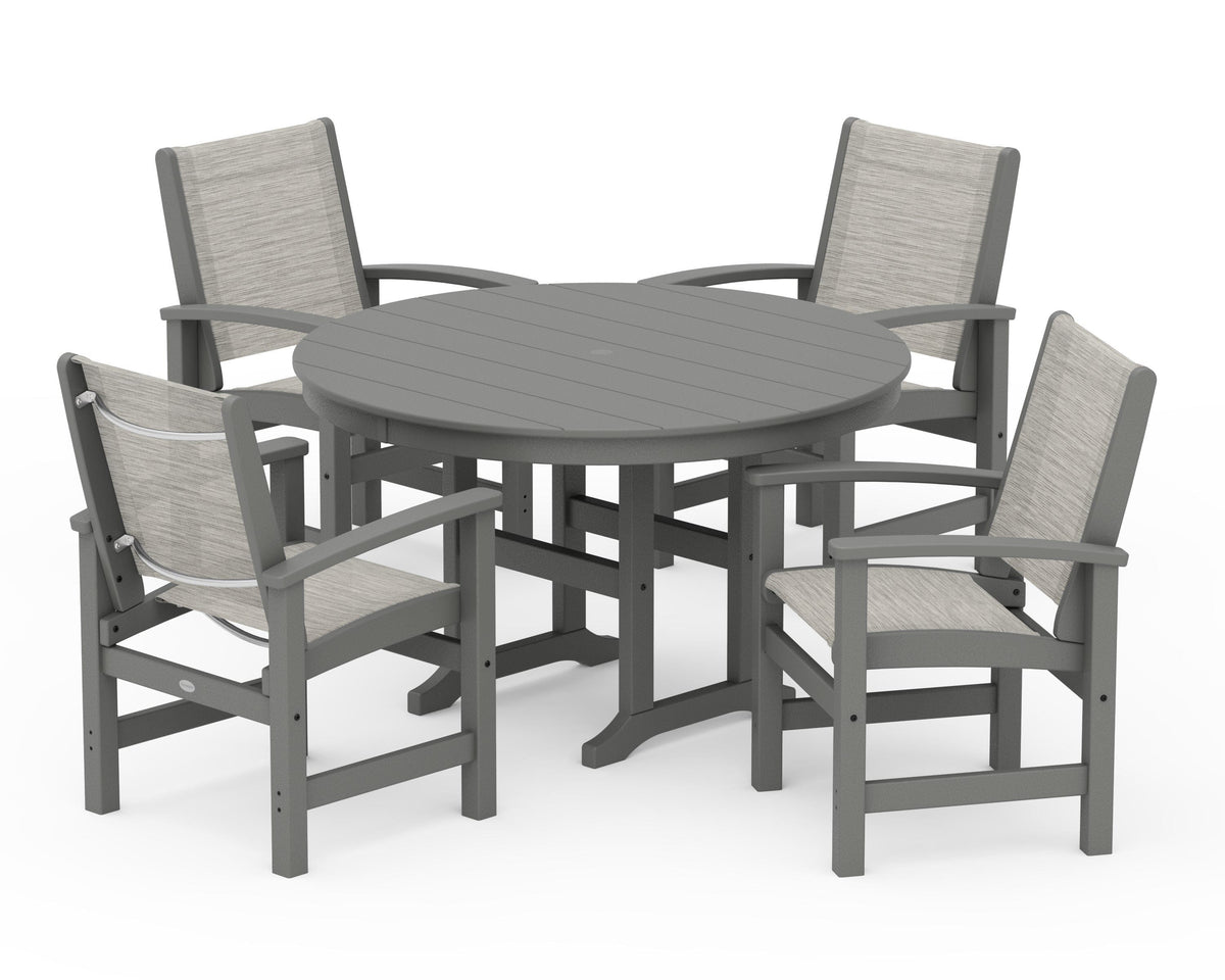 POLYWOOD Coastal 5-Piece Round Farmhouse Dining Set in Slate Grey / Birch