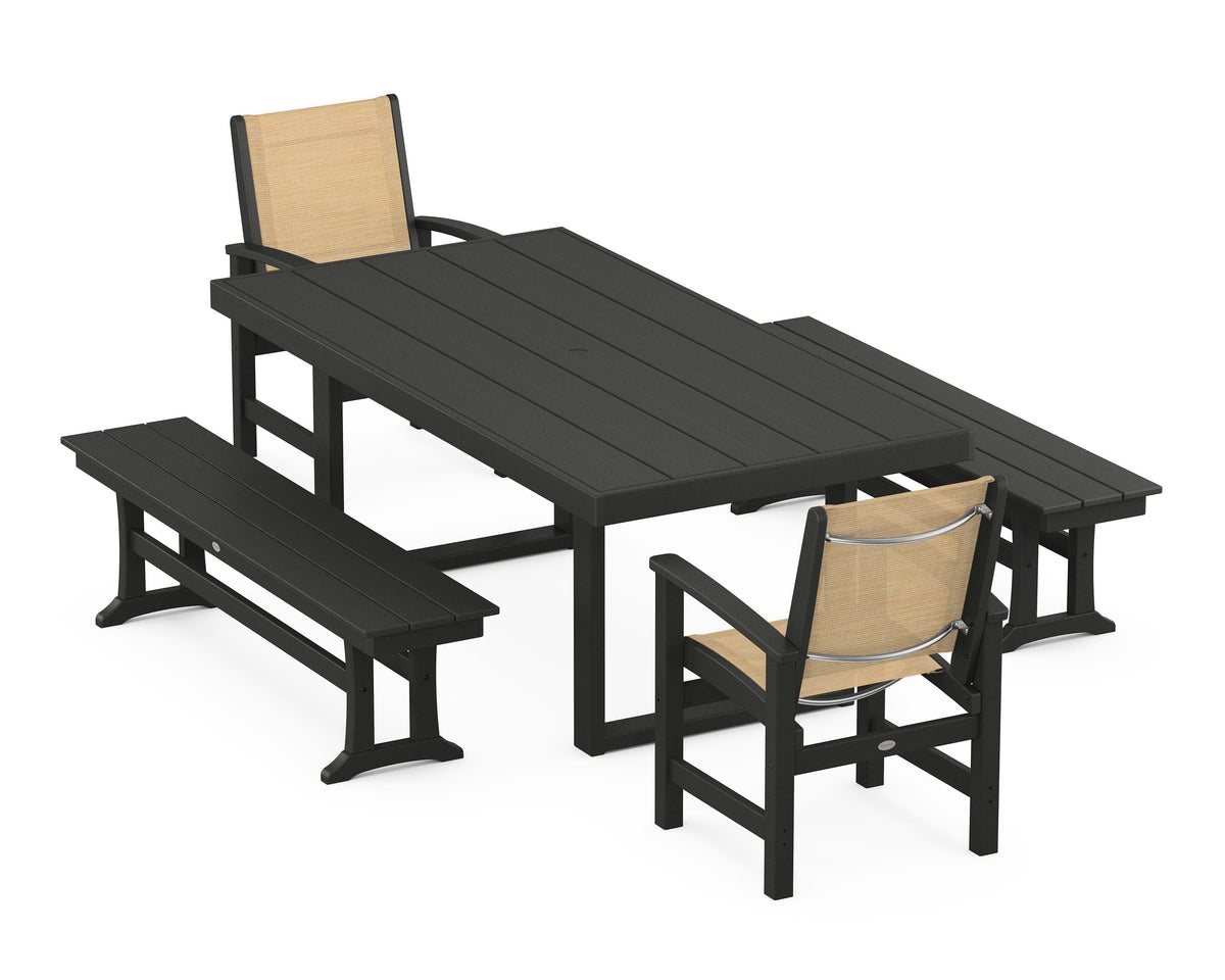 POLYWOOD Coastal 5-Piece Dining Set with Trestle Legs with EDGE 40" x 78" Dining Table in Black / Dupioni Apricot