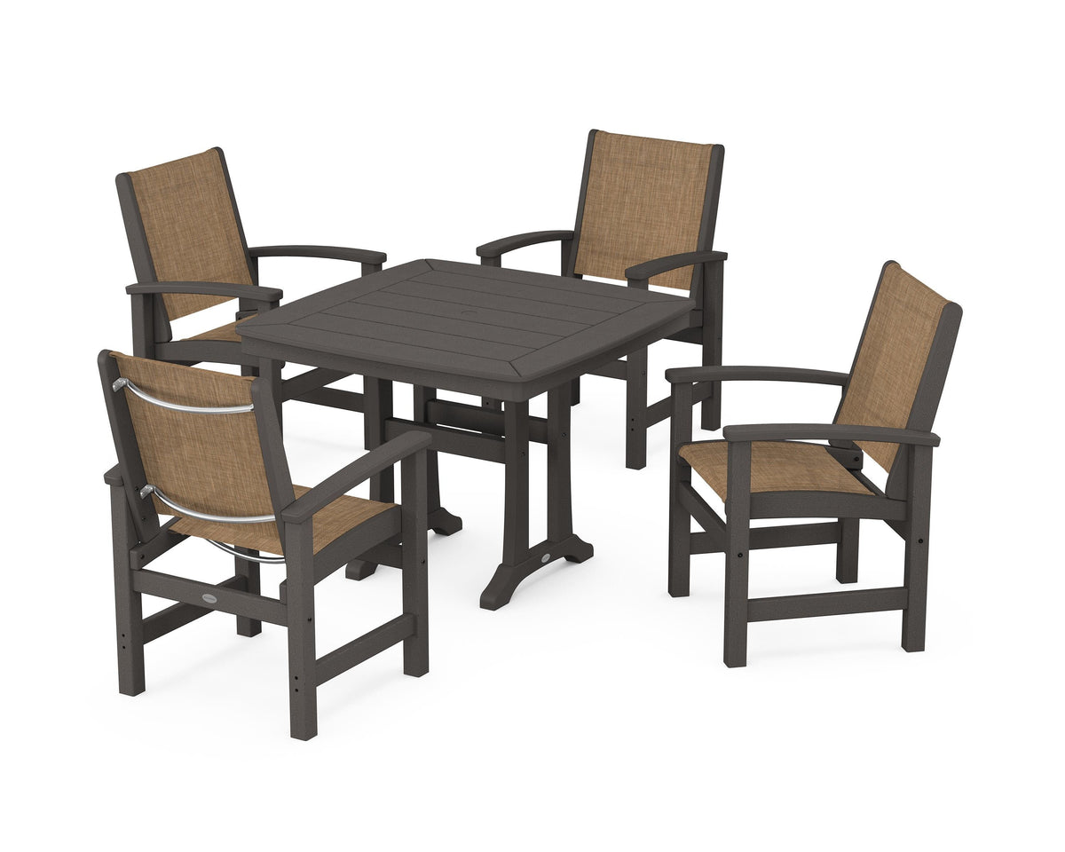 POLYWOOD Coastal 5-Piece Dining Set with Trestle Legs with Nautical Trestle 37" Dining Table in Vintage Coffee / Burlap