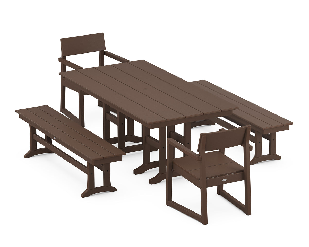POLYWOOD EDGE 5-Piece Farmhouse Dining Set with Benches in Mahogany
