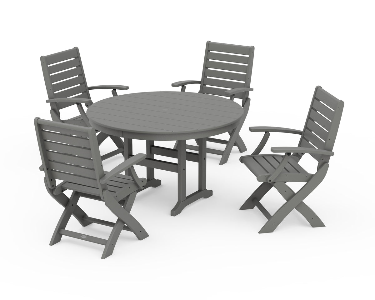 POLYWOOD Signature Folding Chair 5-Piece Round Farmhouse Dining Set in Slate Grey