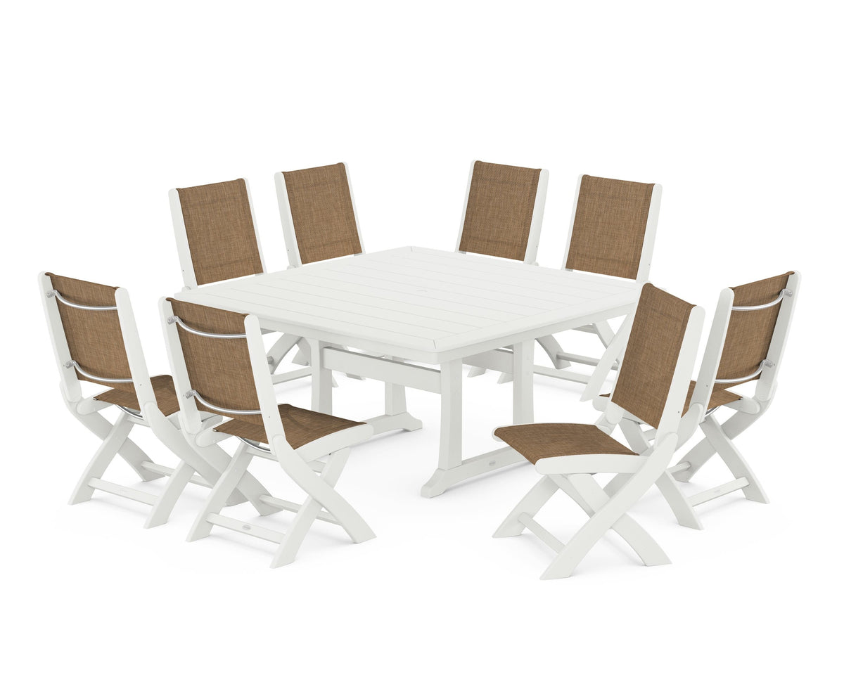 POLYWOOD Coastal Folding Side Chair 9-Piece Dining Set with Trestle Legs in Vintage White / Burlap