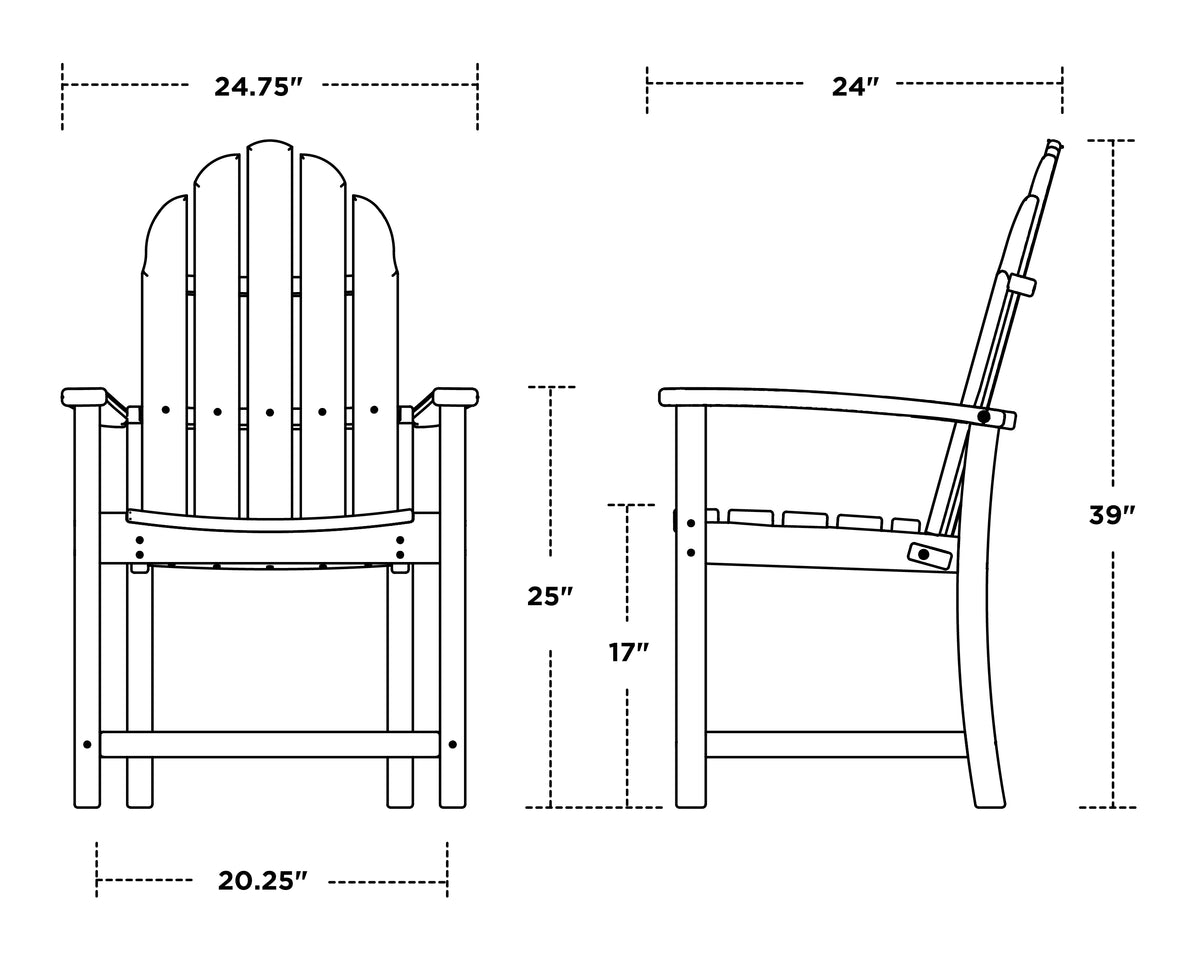 POLYWOOD Classic Adirondack Dining Chair dimension drawing with width, depth and height measurements