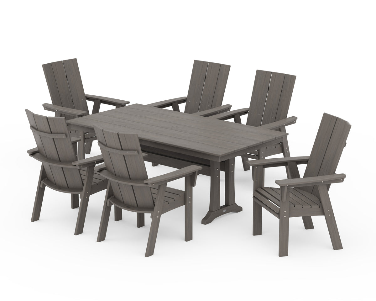 POLYWOOD Modern Curveback Adirondack 7-Piece Farmhouse Dining Set with Trestle Legs in Driftwood