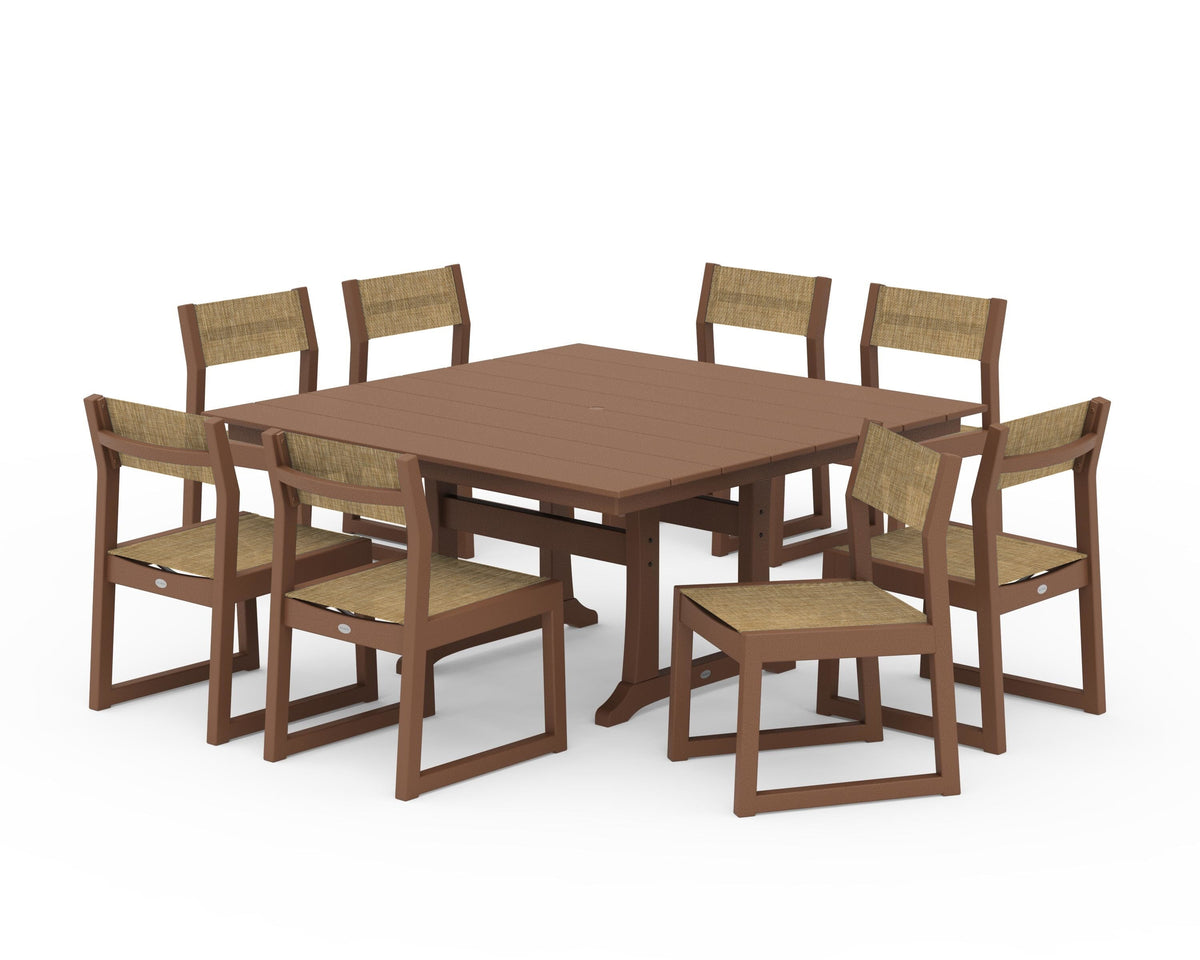 POLYWOOD EDGE Sling Side Chair 9-Piece Farmhouse Trestle Dining Set in Teak / Burlap