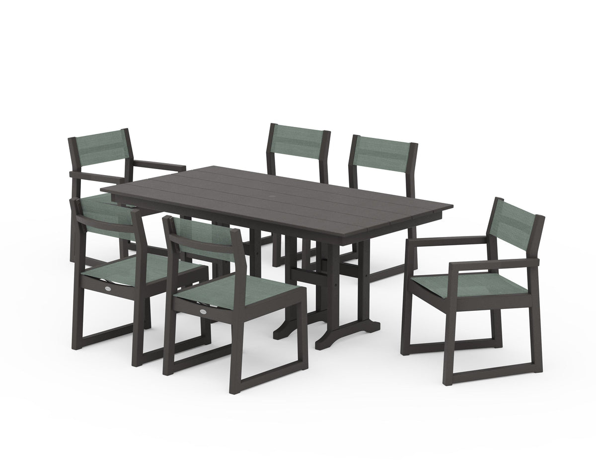 POLYWOOD EDGE Sling 7-Piece Farmhouse Dining Set in Vintage Coffee / Dupioni Sea Mist