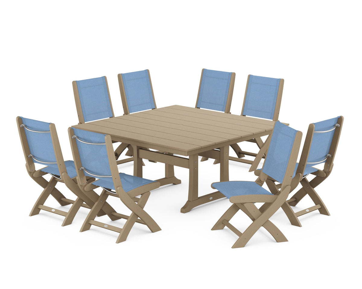 POLYWOOD Coastal Folding Side Chair 9-Piece Farmhouse Dining Set in Vintage Sahara / Poolside