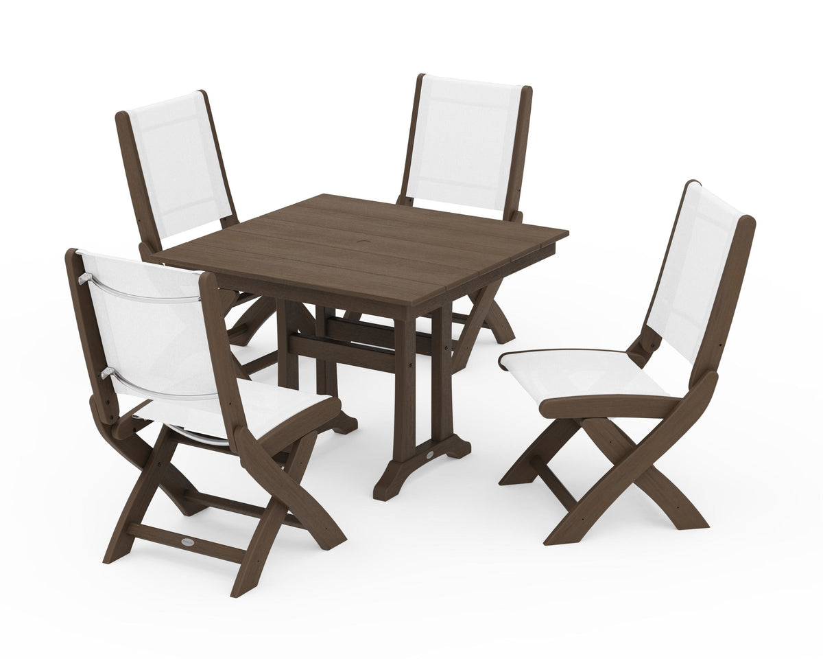 POLYWOOD Coastal Folding Side Chair 5-Piece Farmhouse Dining Set With Trestle Legs in Kona / White