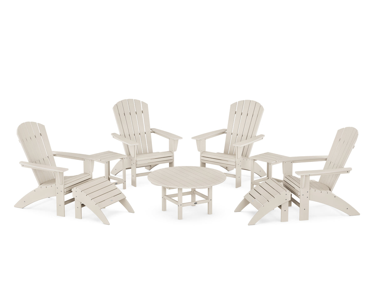 POLYWOOD Nautical Curveback Adirondack Chair 9-Piece Conversation Set in Sand