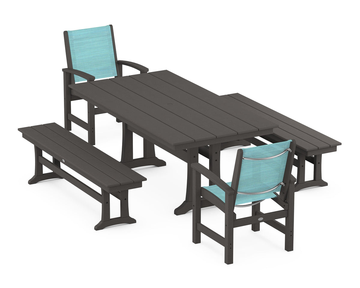 POLYWOOD Coastal 5-Piece Farmhouse Dining Set with Trestle Legs and Benches in Vintage Coffee / Dupioni Aquamarine