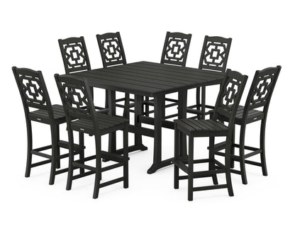 POLYWOOD Chinoiserie 9-Piece Square Farmhouse Side Chair Bar Set with Trestle Legs in Black