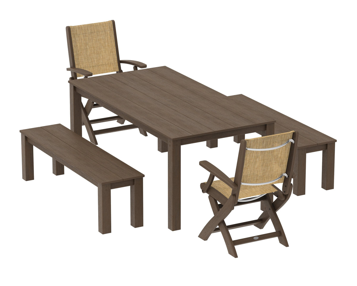 POLYWOOD Coastal Folding Chair 5-Piece Parsons Dining Set with Benches in Kona / Burlap