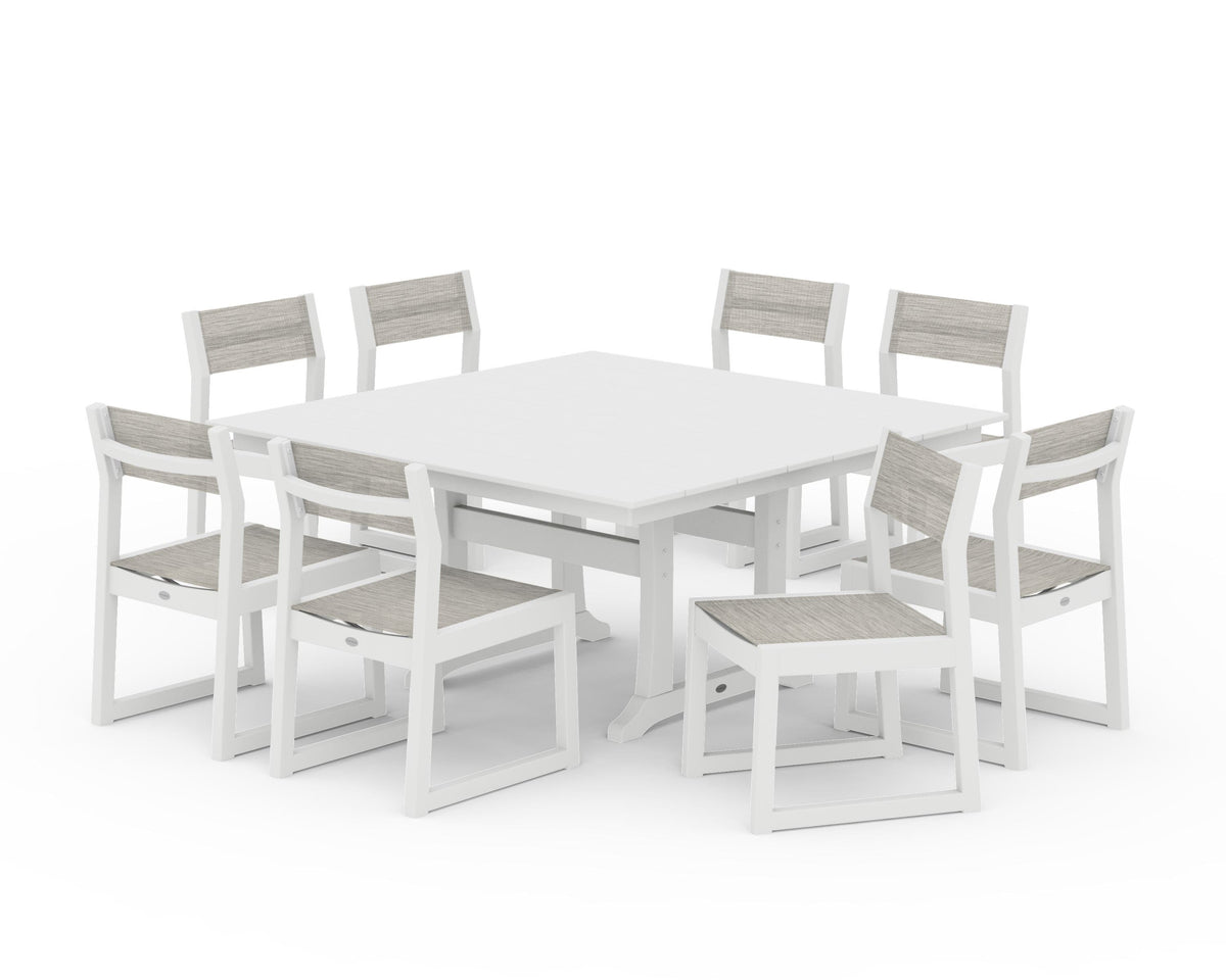 POLYWOOD EDGE Sling Side Chair 9-Piece Farmhouse Trestle Dining Set in White / Birch