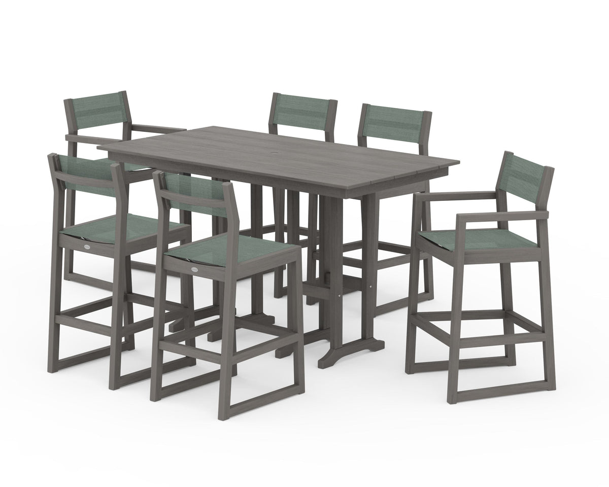 POLYWOOD EDGE Sling 7-Piece Farmhouse Bar Set in Driftwood / Dupioni Sea Mist