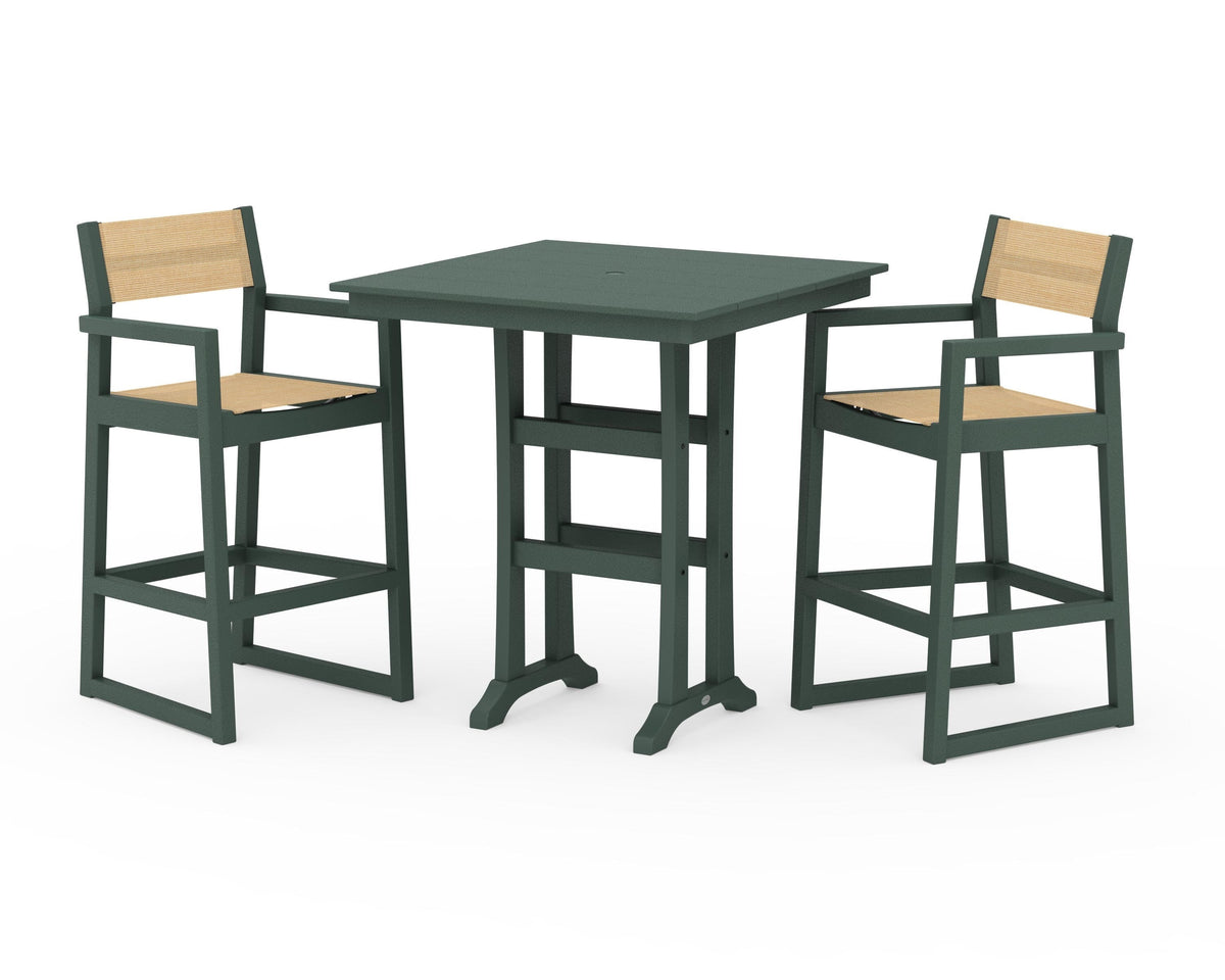 POLYWOOD EDGE Sling Arm Chair 3-Piece Farmhouse Bar Set with Trestle Legs in Green / Dupioni Apricot