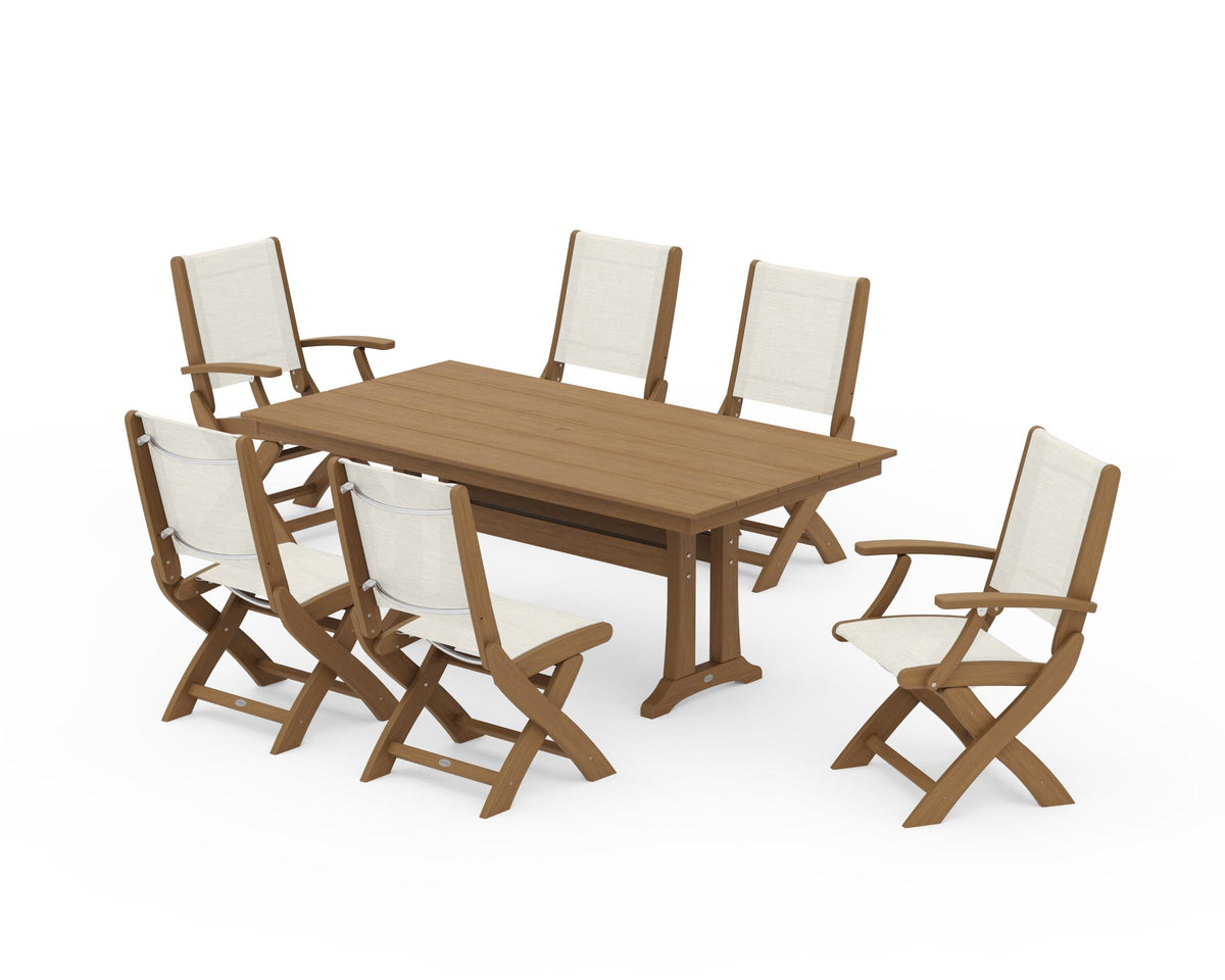 POLYWOOD Coastal Folding Chair 7-Piece Farmhouse Dining Set with Trestle Legs in Natural / Parchment