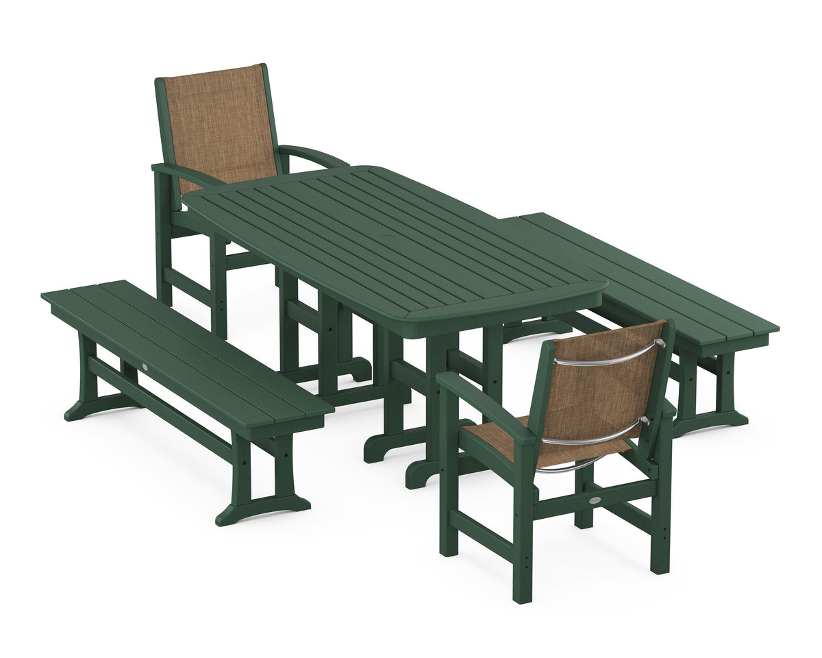 POLYWOOD Coastal 5-Piece Dining Set with Nautical 37" x 72" Dining Table in Green / Burlap