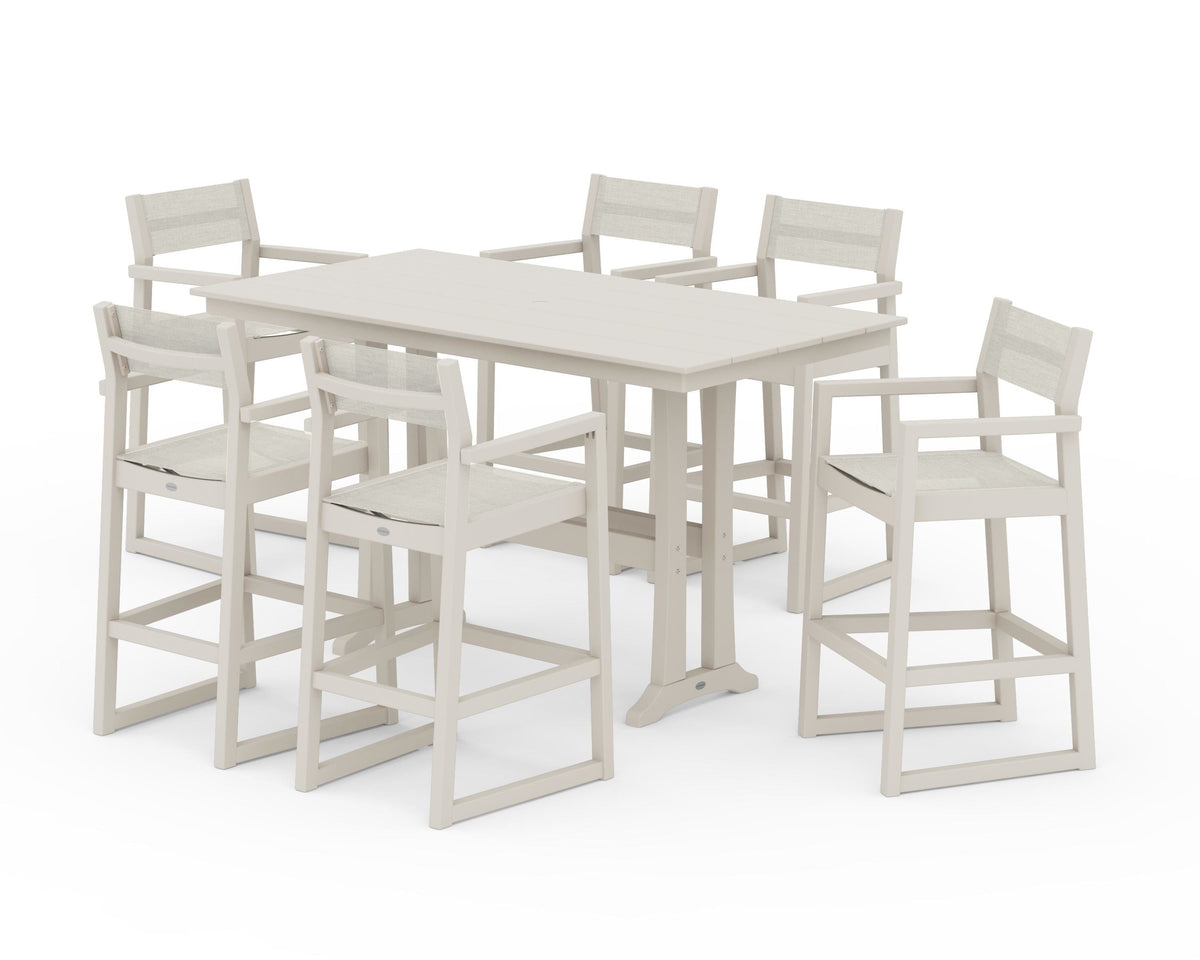POLYWOOD EDGE Sling Arm Chair 7-Piece Farmhouse Bar Set with Trestle Legs in Sand / Parchment