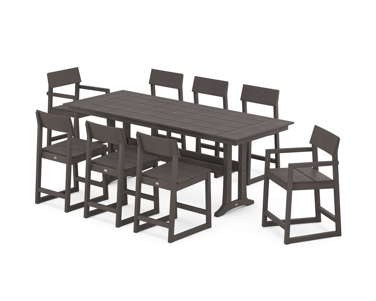 POLYWOOD EDGE 9-Piece Farmhouse Counter Set with Trestle Legs in Vintage Coffee