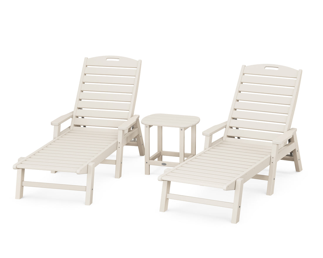 POLYWOOD Nautical 3-Piece Chaise Set with South Beach 18" Side Table in Sand