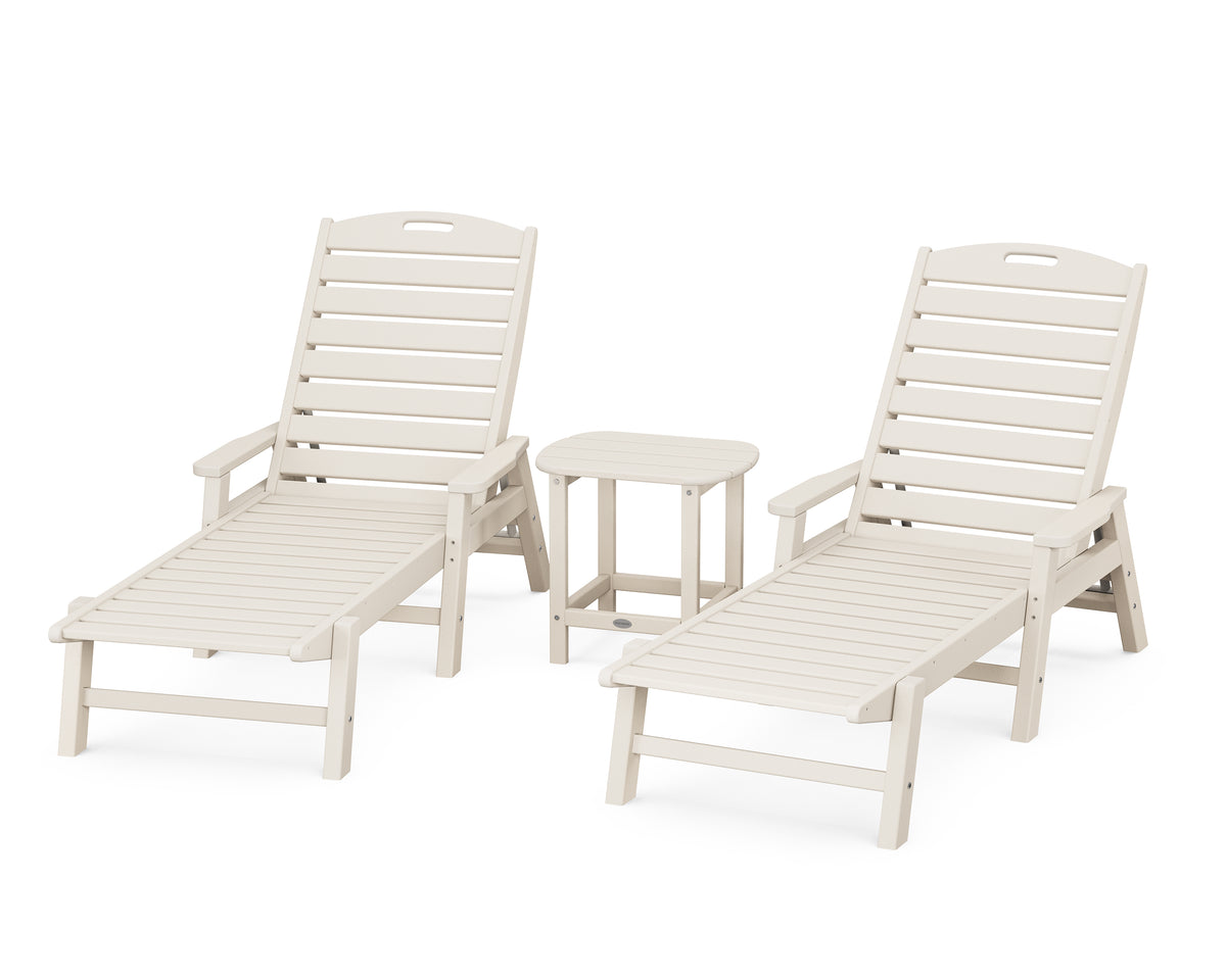 POLYWOOD Nautical 3-Piece Chaise Set with South Beach 18" Side Table in Sand