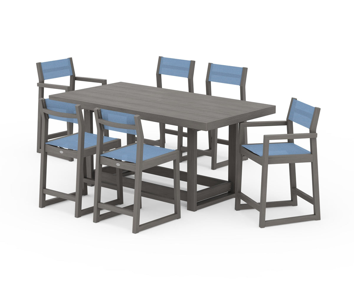 POLYWOOD EDGE Sling 7-Piece Counter Table Set in Driftwood / Poolside