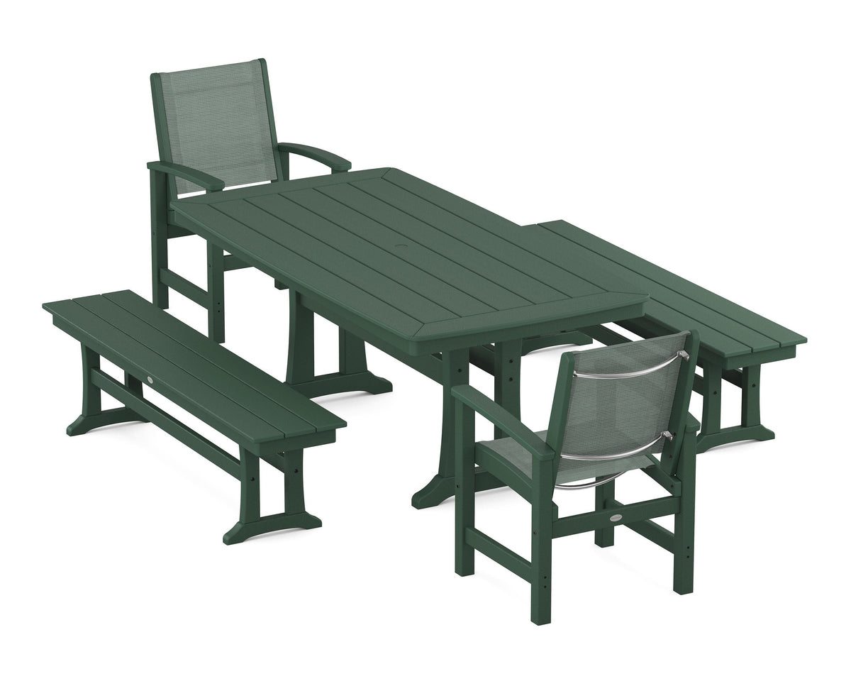 POLYWOOD Coastal 5-Piece Dining Set with Trestle Legs and Benches in Green / Dupioni Sea Mist
