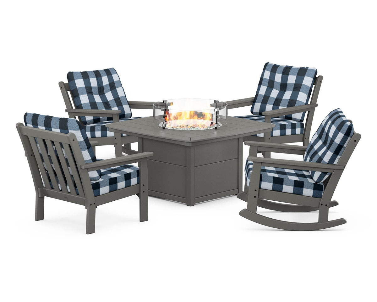 POLYWOOD Vineyard 5-Piece Deep Seating Rocking Chair Conversation Set with Fire Pit Table in Slate Grey / Buffalo Plaid Marine Indigo