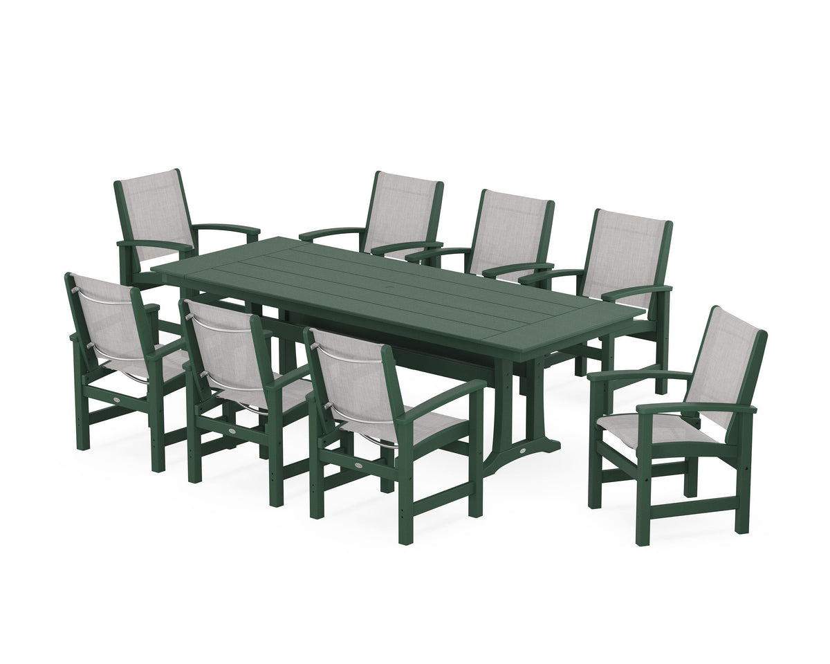 POLYWOOD Coastal 9-Piece Farmhouse Dining Set with Trestle Legs in Green / Parchment