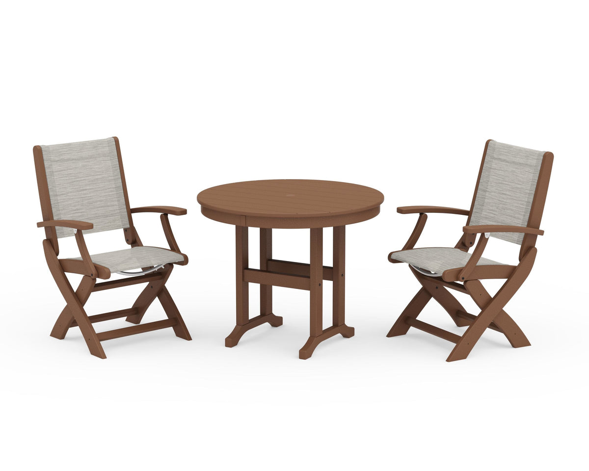 POLYWOOD Coastal Folding Chair 3-Piece Round Dining Set in Teak / Birch