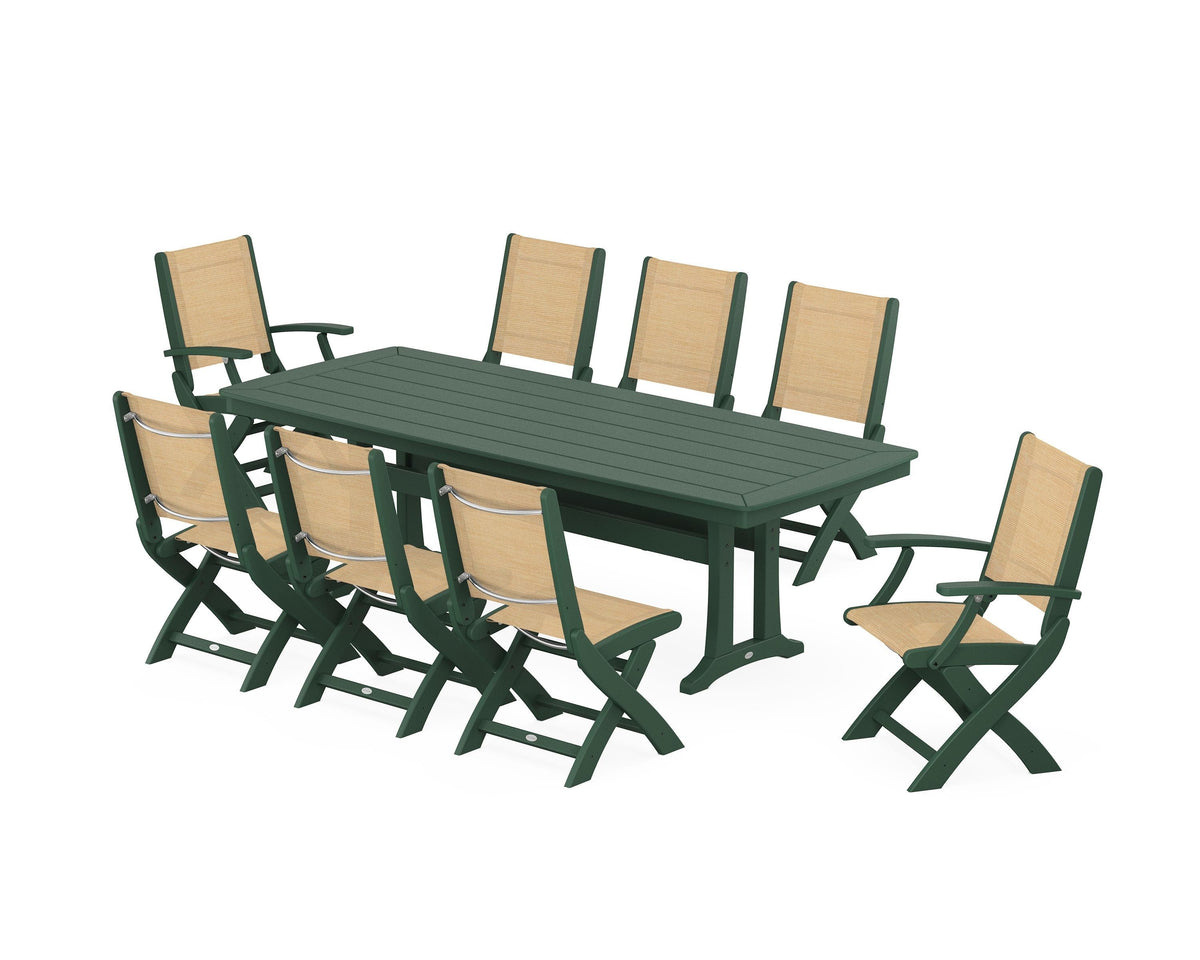 POLYWOOD Coastal Folding 9-Piece Dining Set with Trestle Legs in Green / Dupioni Apricot