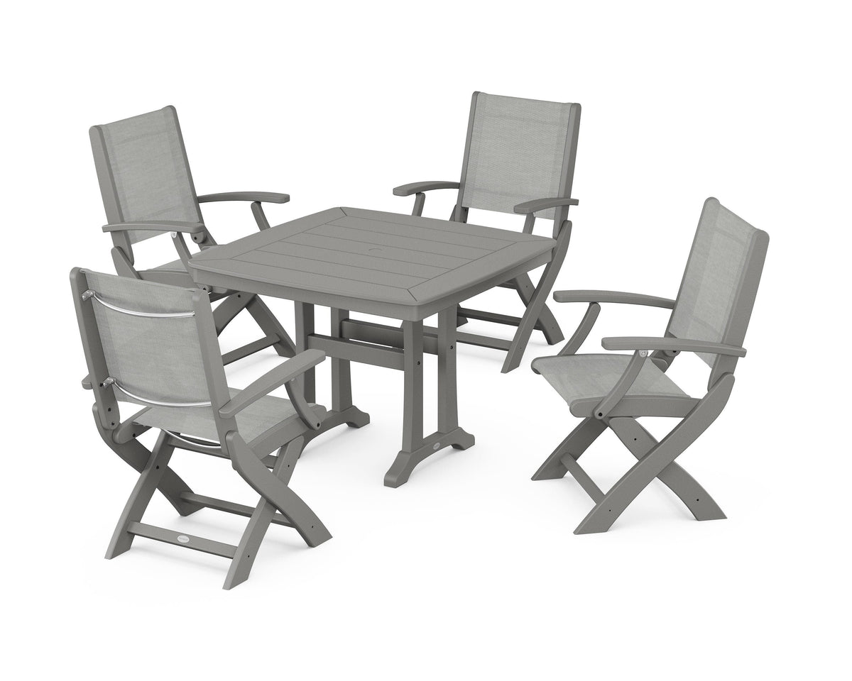 POLYWOOD Coastal Folding Chair 5-Piece Dining Set with Trestle Legs in Slate Grey / Metallic