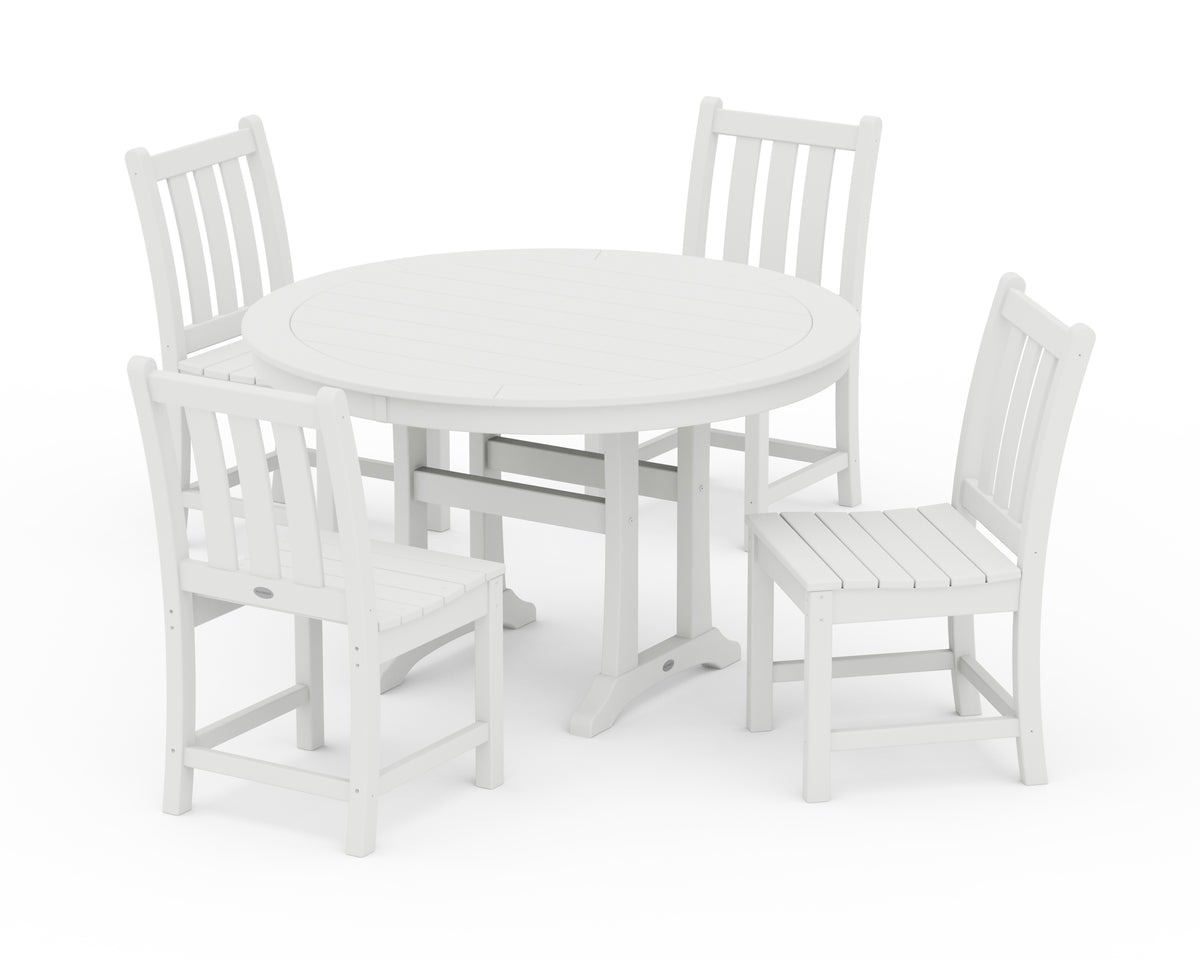 POLYWOOD Traditional Garden Side Chair 5-Piece Round Dining Set with Trestle Legs in White