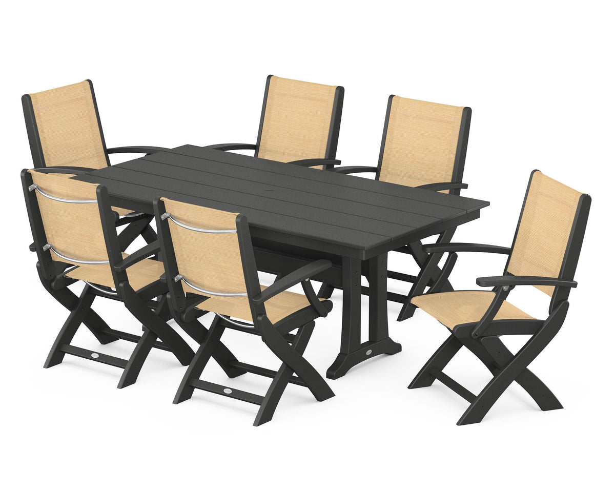 POLYWOOD Coastal Folding Arm Chair 7-Piece Farmhouse Dining Set with Trestle Legs in Black / Dupioni Apricot