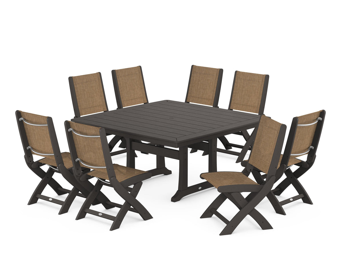 POLYWOOD Coastal Folding Side Chair 9-Piece Dining Set with Trestle Legs in Vintage Coffee / Burlap