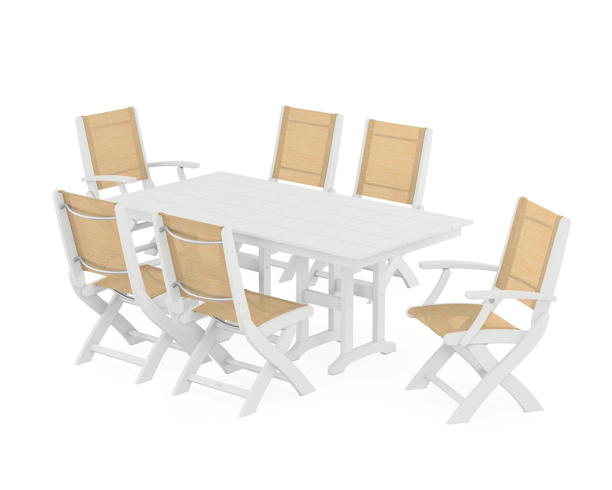 POLYWOOD Coastal Folding Chair 7-Piece Farmhouse Dining Set in White / Dupioni Apricot